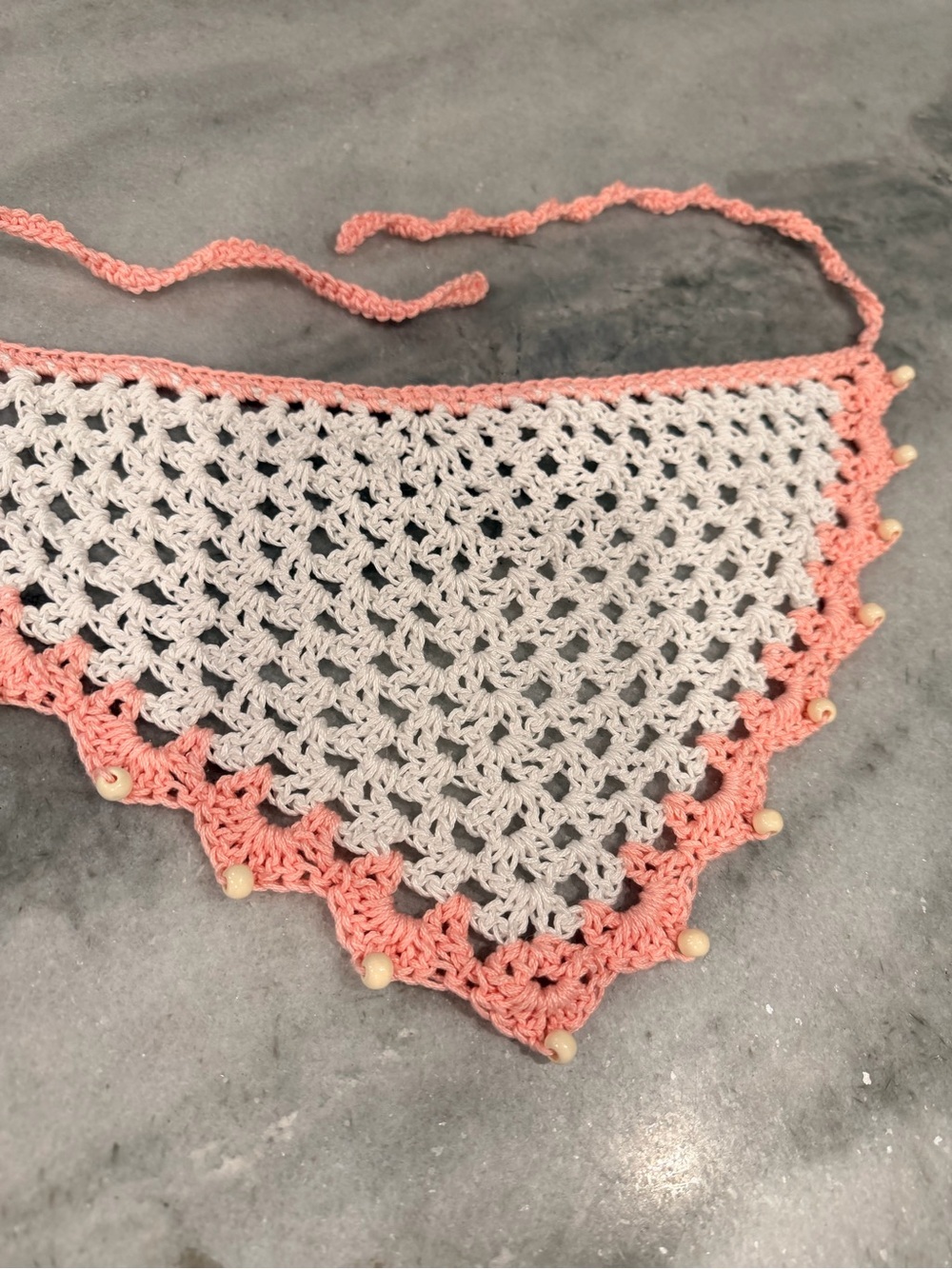 Handmade Crochet Wood Beaded Kerchief Head Scarf Cotton Boho Bandana Cottagecore